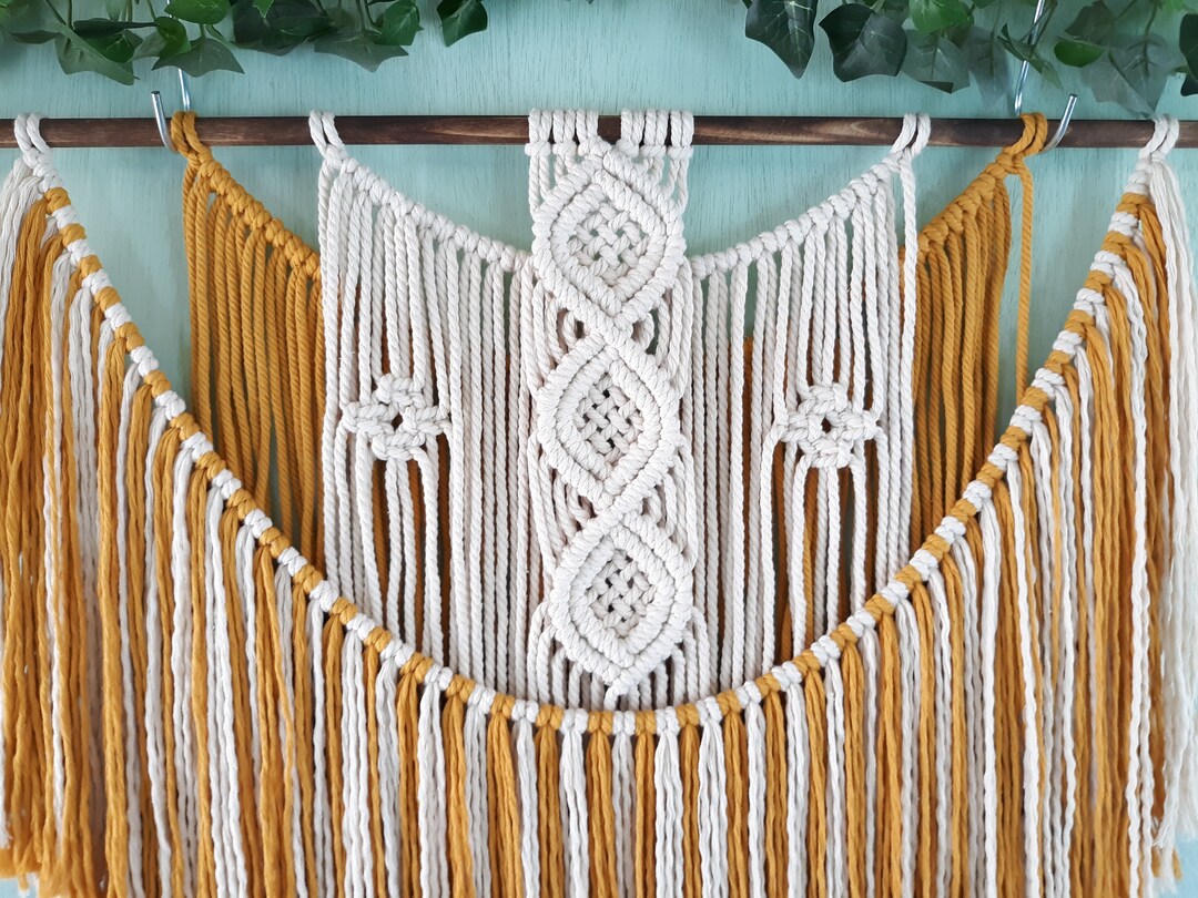 Small Mustard Colored Macrame Wall hanging with Wavy Fringe, Yellow Fiber Art for Home Decor, Trendy Macrame for Small Room, Boho Decor | MakerPlace by Michaels